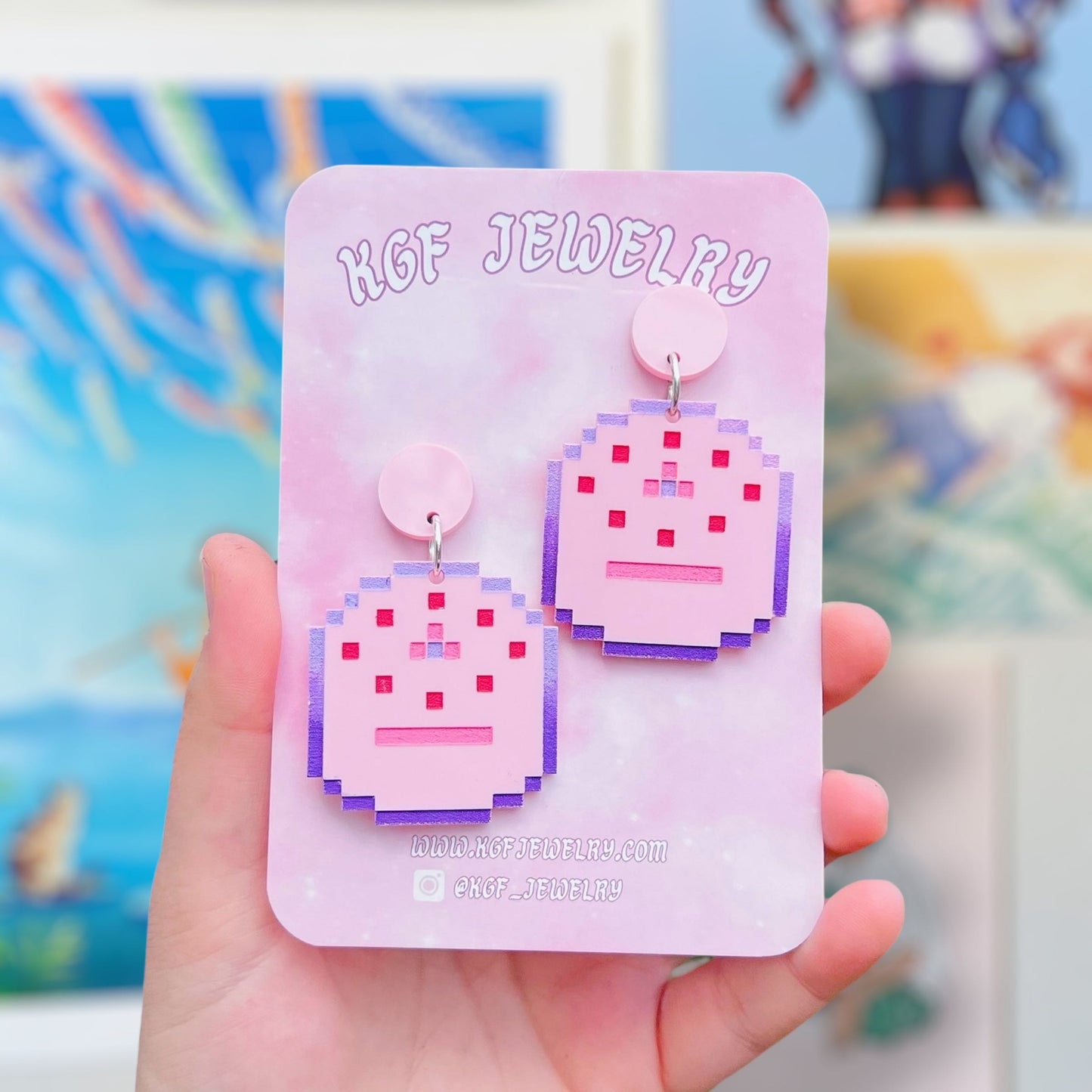 Pink Cake Acrylic Earrings, Keychains, & Pins