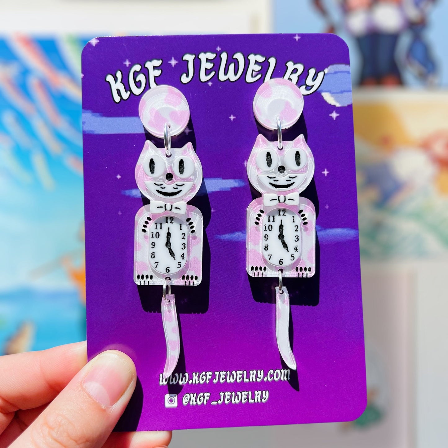 Pink Cow Cat Clock Acrylic Earrings & Keychains