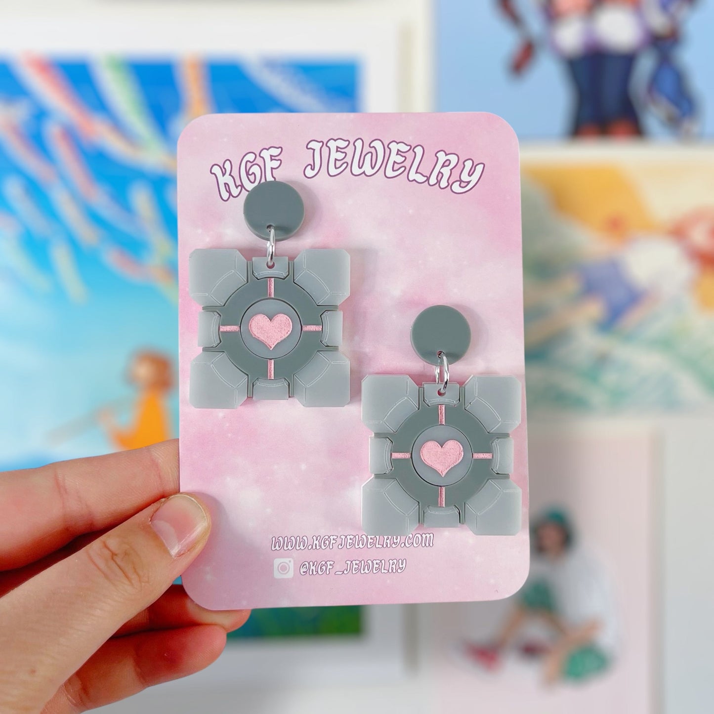 Companion Cube Handmade Acrylic Dangle Earrings & Keychains