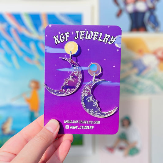 Iridescent Moon Handmade Acrylic Dangle Earrings & Keychains
