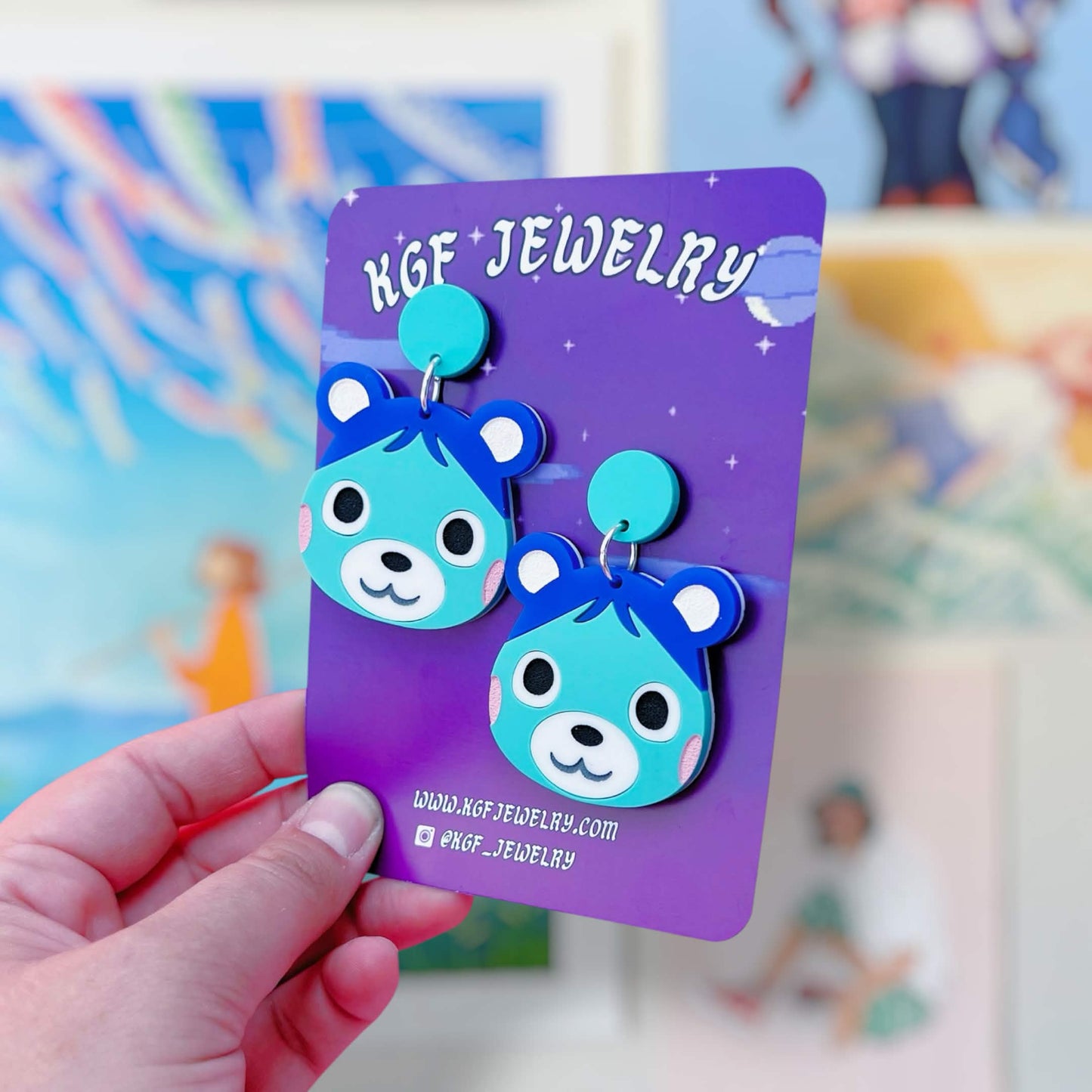 Bluebear Bear Cub Villager Video Game Handmade Acrylic Earrings, Keychains, Pins