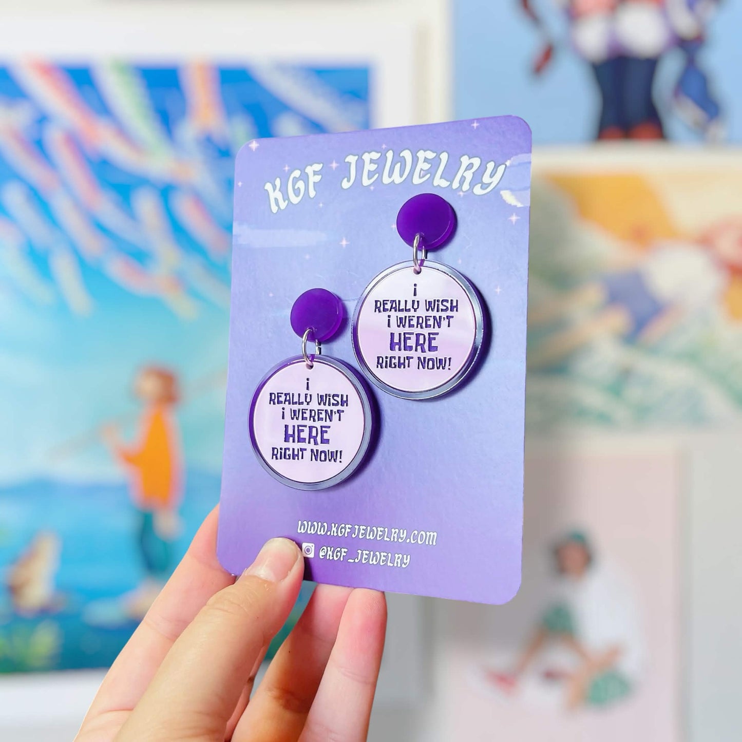 Wish I Weren’t Here Meme Handmade Acrylic Statement Earrings, Keychains & Pins