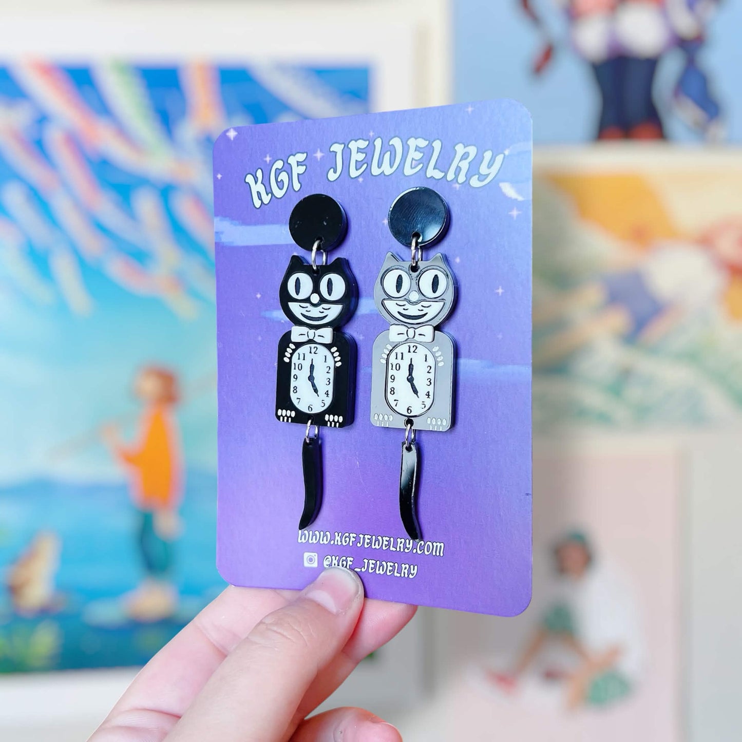 Black Cat Clock Vintage Handmade Acrylic Statement Earrings, Keychains, Pins
