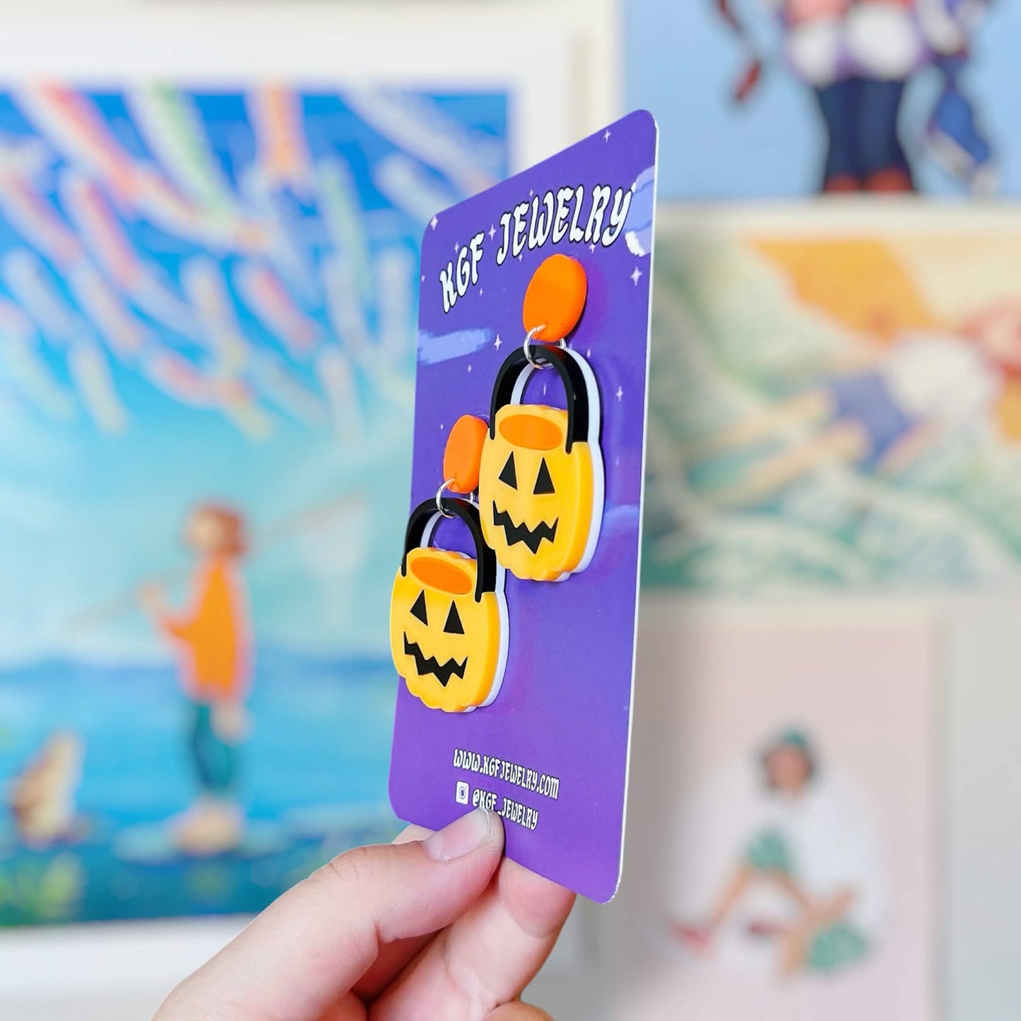 Pumpkin Halloween Candy Bucket Handmade Acrylic Earrings, Keychains, Pins