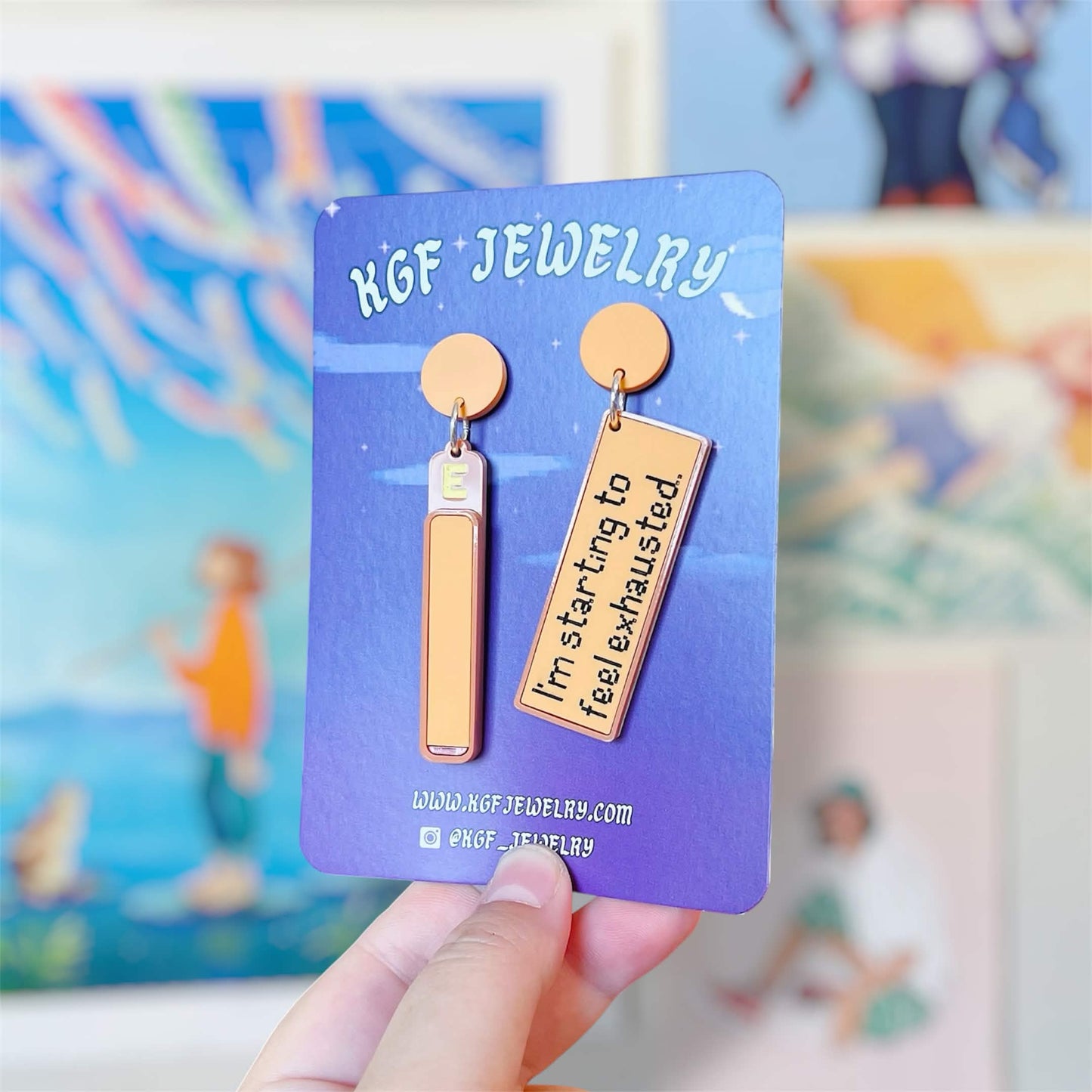 Exhausted Message Video Game Handmade Acrylic Earrings, Keychains, Pins