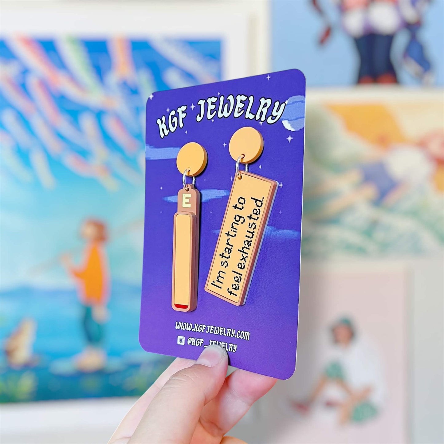 Exhausted Message Video Game Handmade Acrylic Earrings, Keychains, Pins