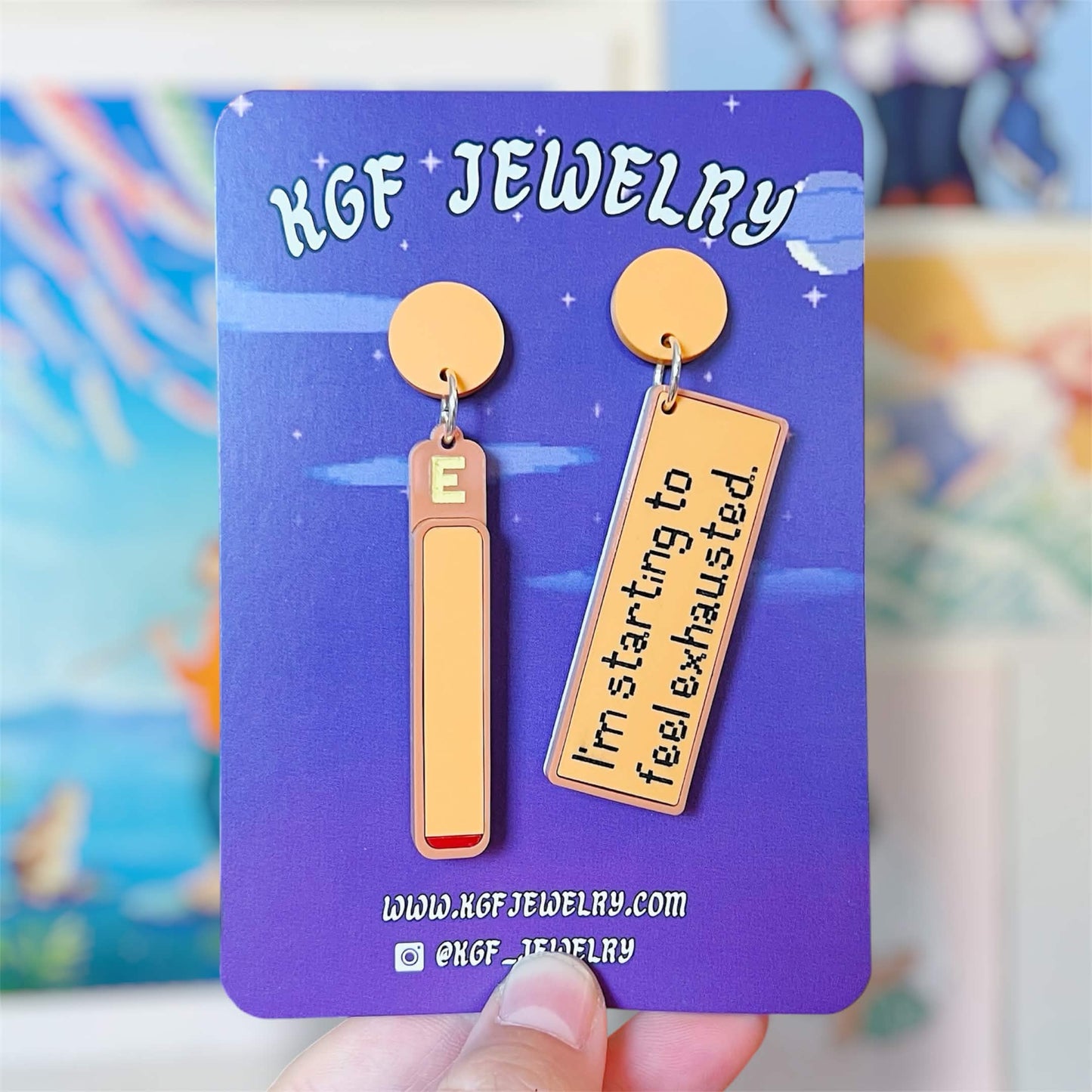 Exhausted Message Video Game Handmade Acrylic Earrings, Keychains, Pins