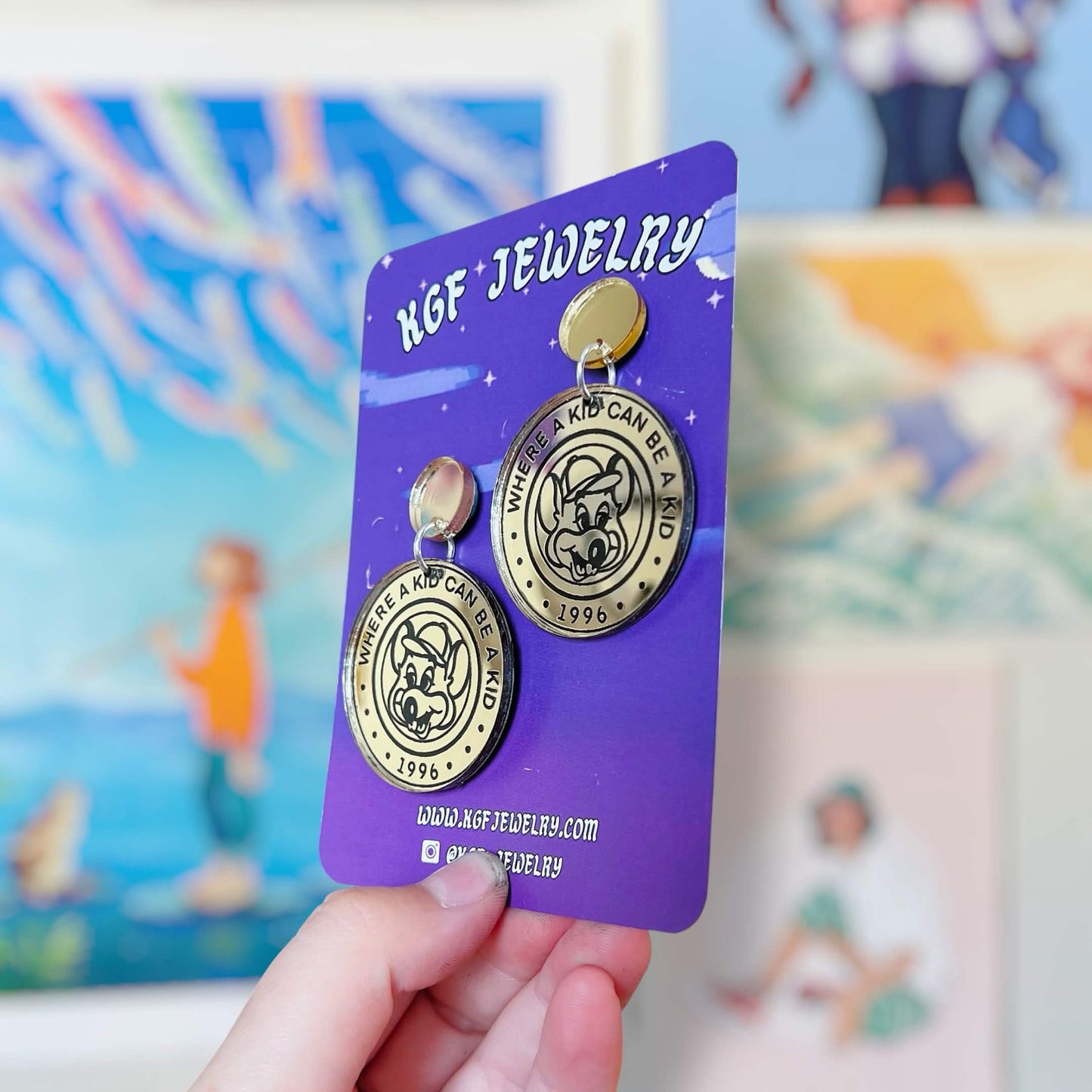 Chuck E Coin Handmade Acrylic Earrings, Keychains, Pins