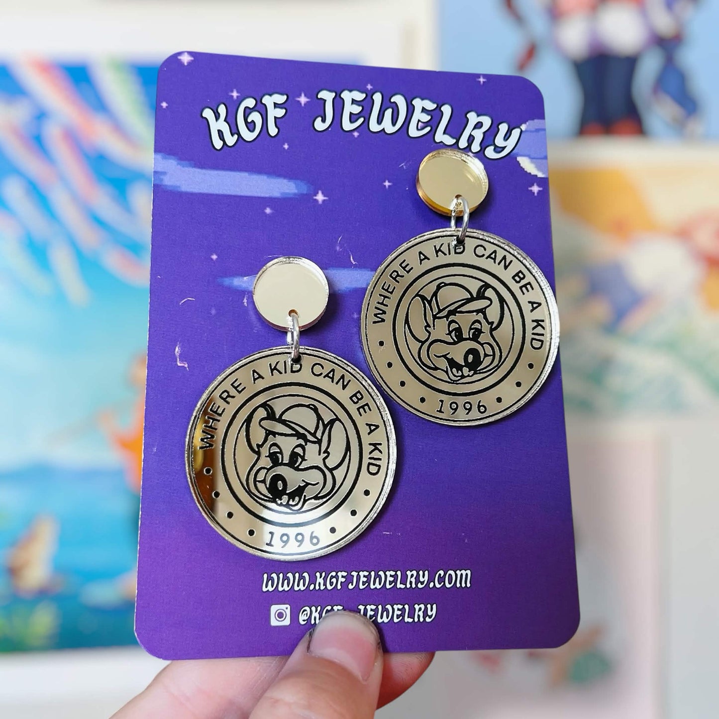 Chuck E Coin Handmade Acrylic Earrings, Keychains, Pins