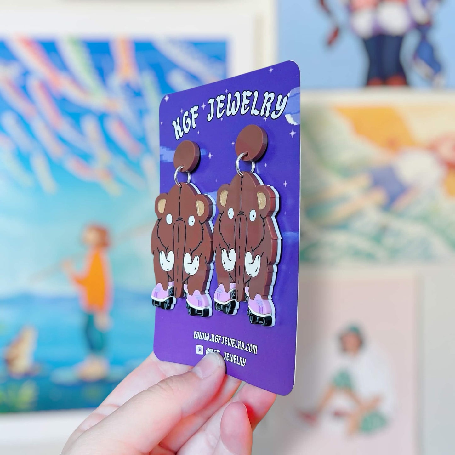 Wheelie Mammoth Handmade Acrylic Earrings, Keychains, Pins, Hair Clips