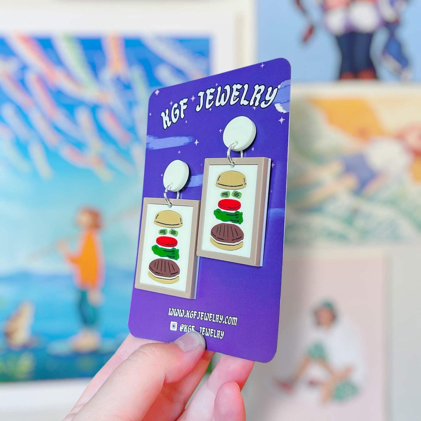 Deconstructed Burger Painting Handmade Acrylic Earrings, Keychains, Pins, Hair Clips