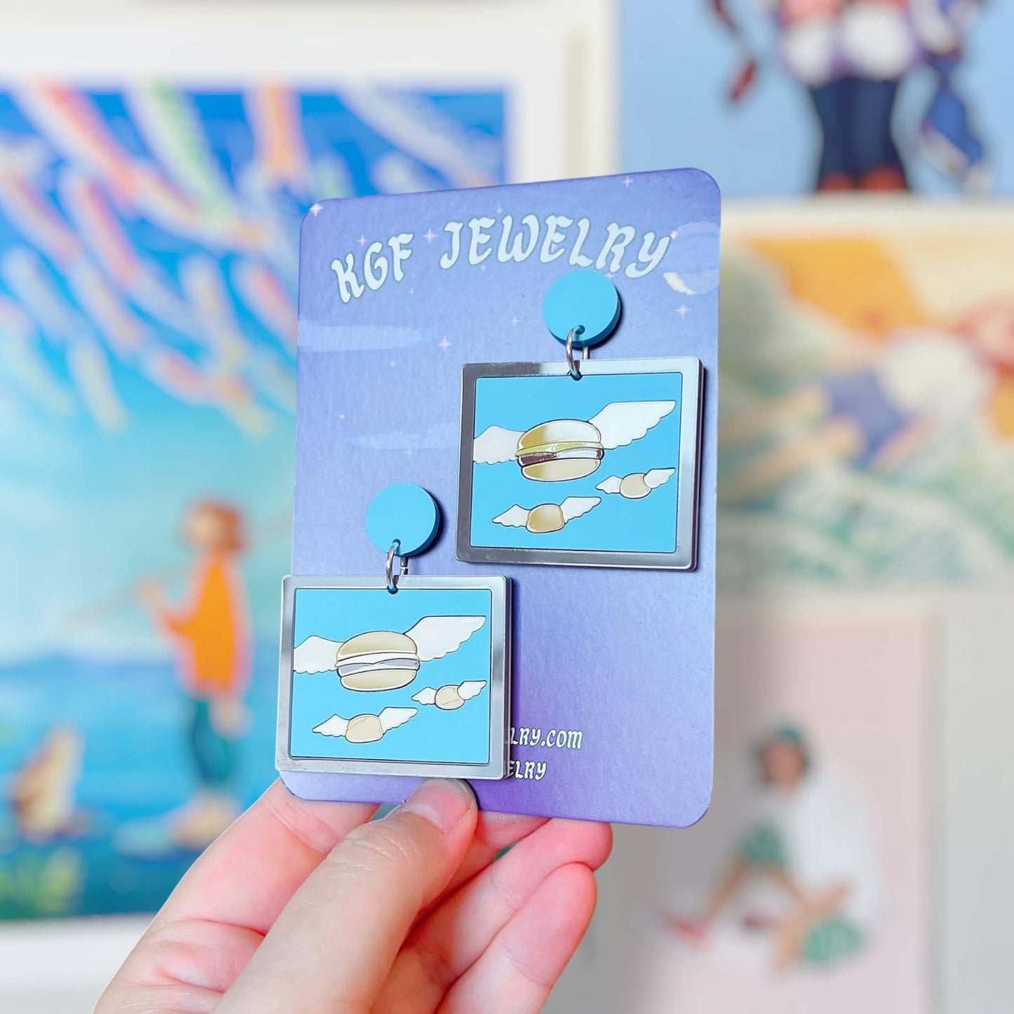 Flying Burgers Handmade Acrylic Earrings, Keychains, Pins, Hair Clips