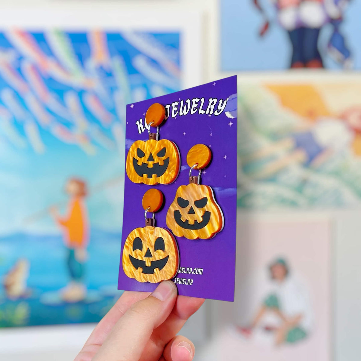 Jackolantern Pumpkins Handmade Halloween Acrylic Statement Earrings, Keychains, Pins, Hair Clips