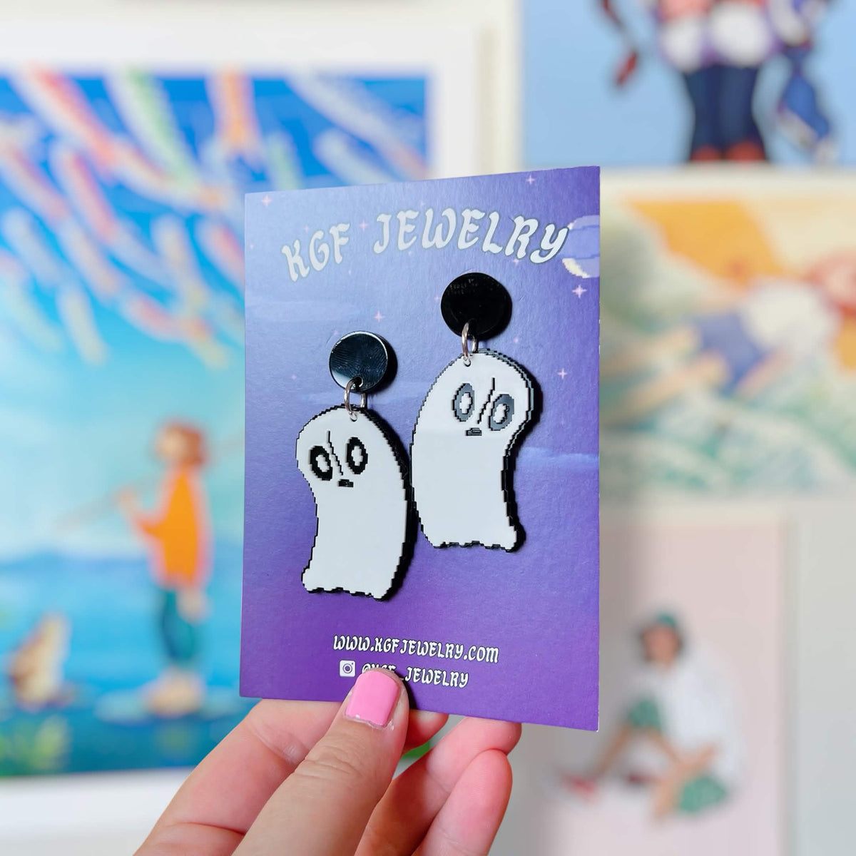 Napstablook Ghost Handmade Video Game Acrylic Statement Earrings, Keychains, Pins, Hair Clips