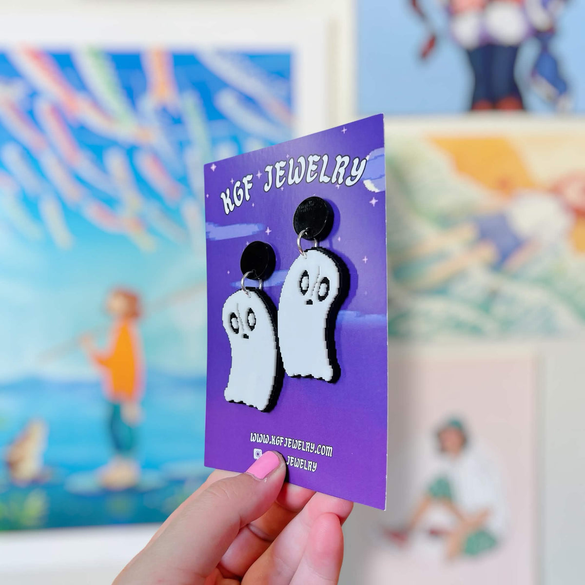 Napstablook Ghost Handmade Video Game Acrylic Statement Earrings, Keychains, Pins, Hair Clips